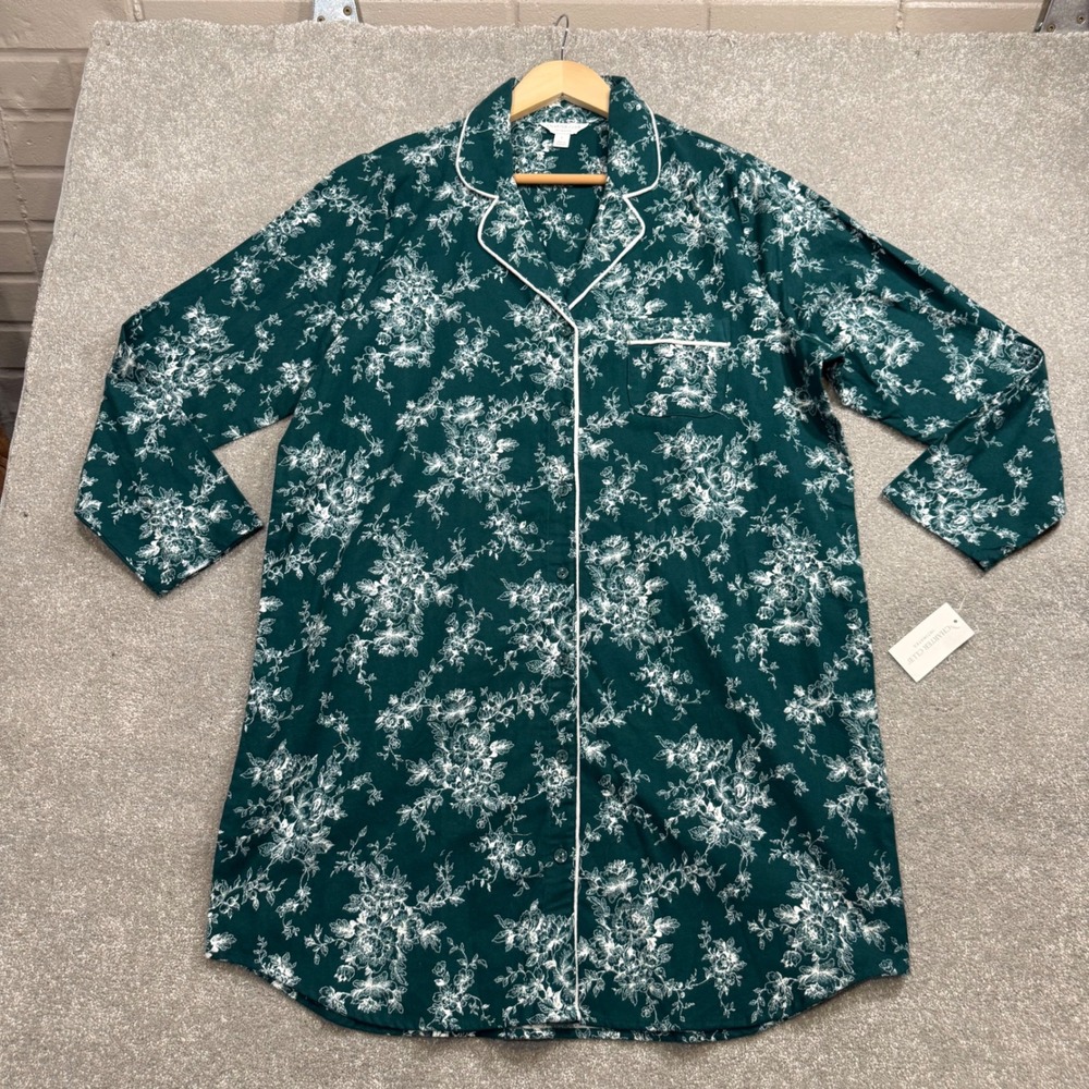 Charter Club Intimates Nightshirt Flannel Green Floral Cotton Button Front NWT L - Picture 3 of 16
